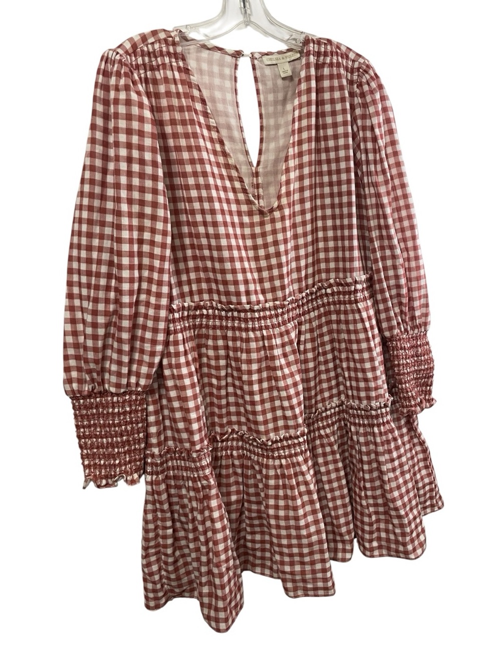 Chelsea & Violet deep nutmeg gingham babydoll dress tiered mini dress sz L boho